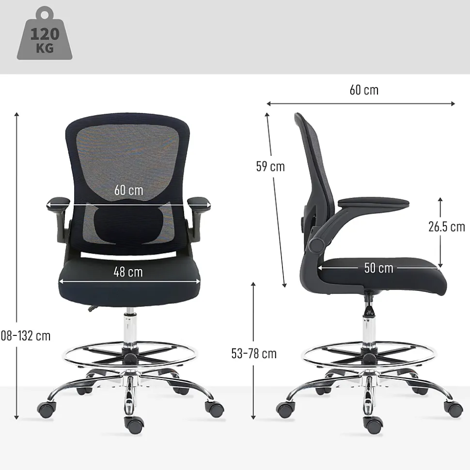 Chaise bureau ergonomique assise haute réglable 53-78cm pivotant accoudoirs relevables noir