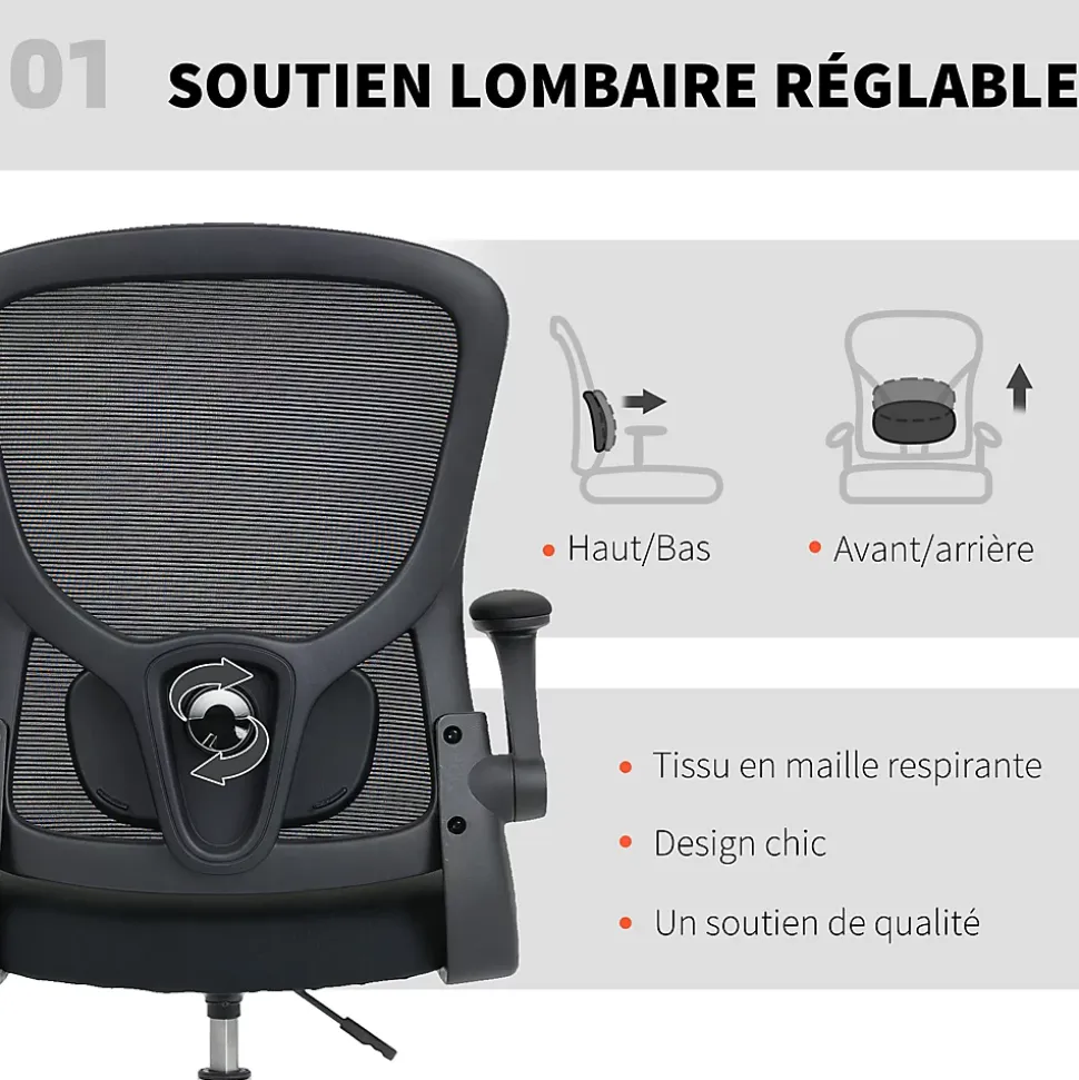 Chaise bureau ergonomique assise haute réglable 53-78cm pivotant accoudoirs relevables noir