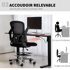 Chaise bureau ergonomique assise haute réglable 53-78cm pivotant accoudoirs relevables noir