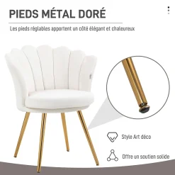 Chaise coquillage chaise design pieds métal dorés effilés velours crème