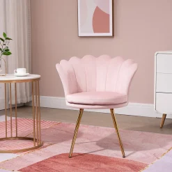 Chaise coquillage chaise design pieds métal dorés effilés velours rose poudré