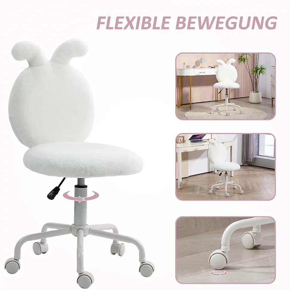 Chaise de Bureau - Chaise Pivotante avec Oreilles de Lapin, Réglable en Hauteur pour Chambre, design Velours, Blanc, 52x45x90 cm