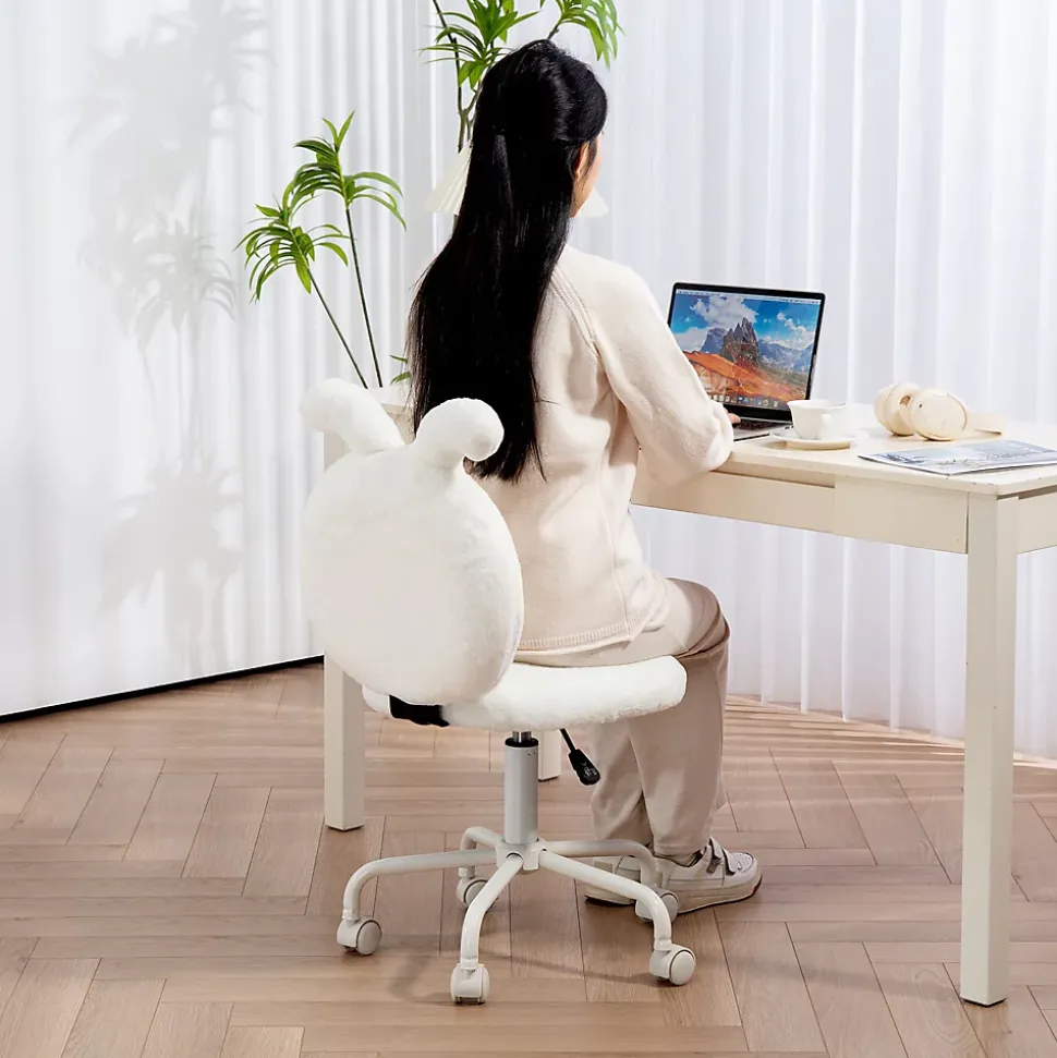 Chaise de Bureau - Chaise Pivotante avec Oreilles de Lapin, Réglable en Hauteur pour Chambre, design Velours, Blanc, 52x45x90 cm