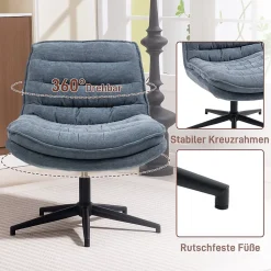 Chaise de Bureau - Chaise Sans Accoudoirs avec Large Assise Pivotante Réglable en Hauteur, Tissu Lin 76x65,5x80 cm Gris Foncé