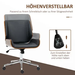 Chaise de Bureau - Chaise de Bureau Vintage avec Dossier Inclinable et Pivotant, design Industriel Bois et Métal, PU Noir