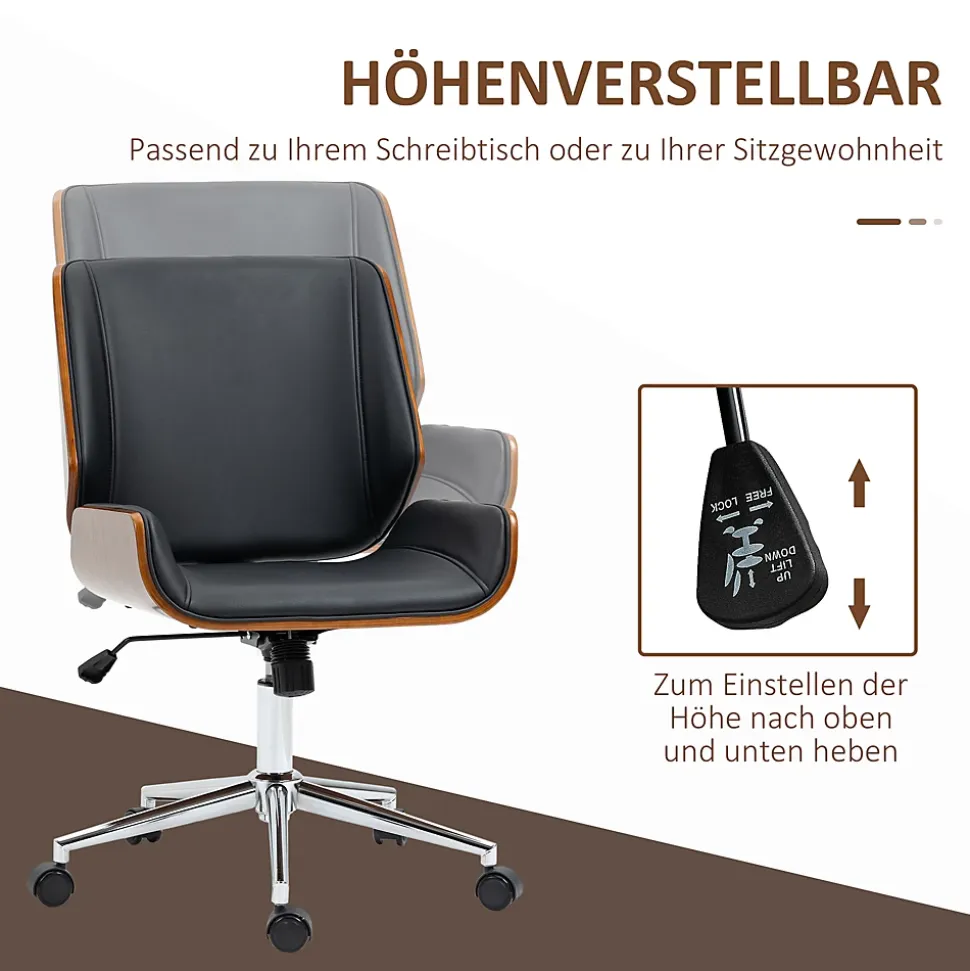 Chaise de Bureau - Chaise de Bureau Vintage avec Dossier Inclinable et Pivotant, design Industriel Bois et Métal, PU Noir