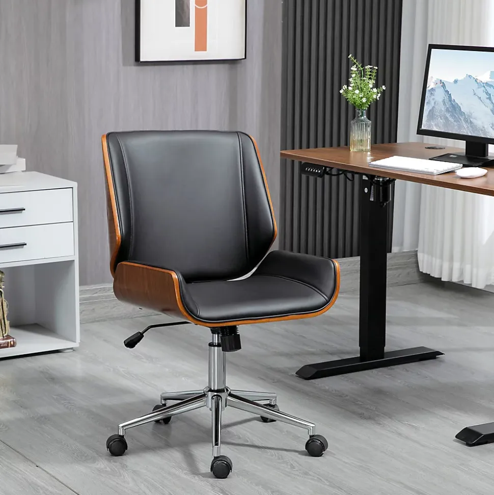 Chaise de Bureau - Chaise de Bureau Vintage avec Dossier Inclinable et Pivotant, design Industriel Bois et Métal, PU Noir