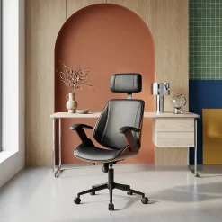 Chaise de bureau à roulettes décor bois courbé placage effet noyer et simili cuir noir