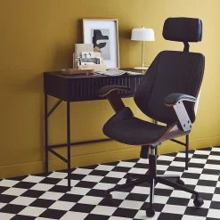 Chaise de bureau à roulettes décor bois courbé placage effet noyer et simili cuir noir