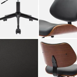 Chaise de bureau à roulettes décor bois courbé placage effet noyer et simili cuir noir