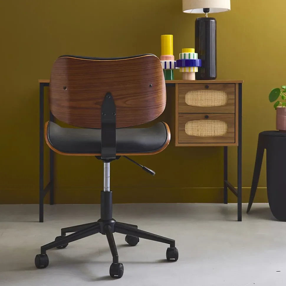Chaise de bureau à roulettes décor bois courbé placage effet noyer et simili cuir noir