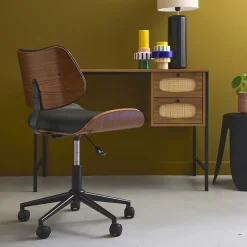 Chaise de bureau à roulettes décor bois courbé placage effet noyer et simili cuir noir