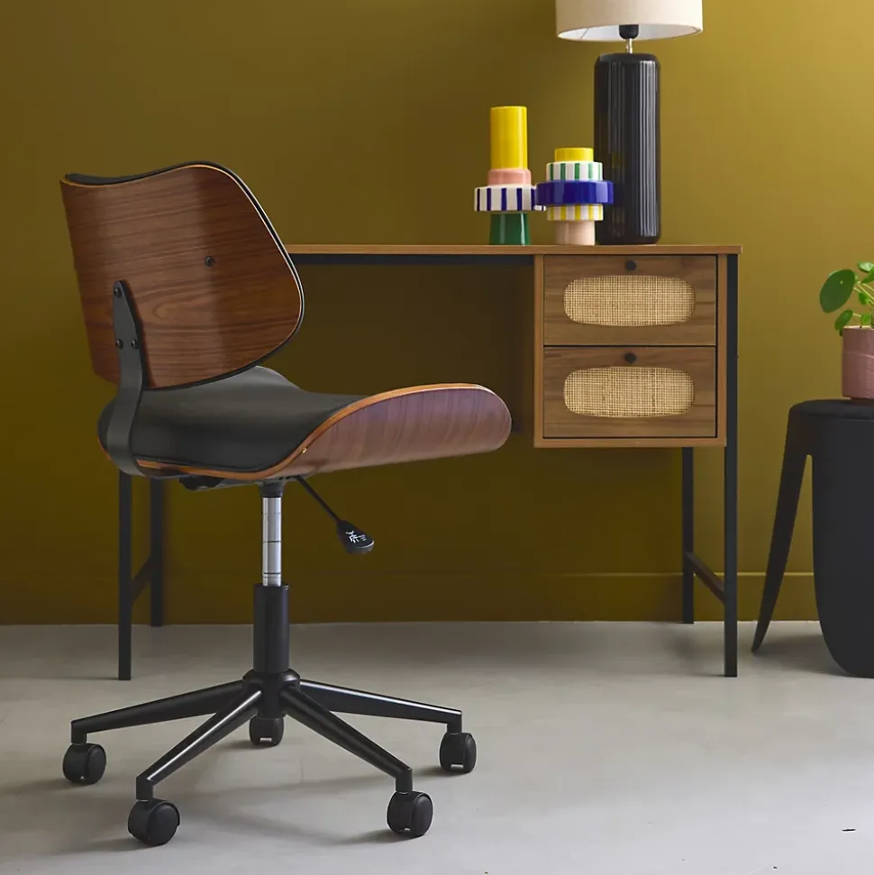 Chaise de bureau à roulettes décor bois courbé placage effet noyer et simili cuir noir