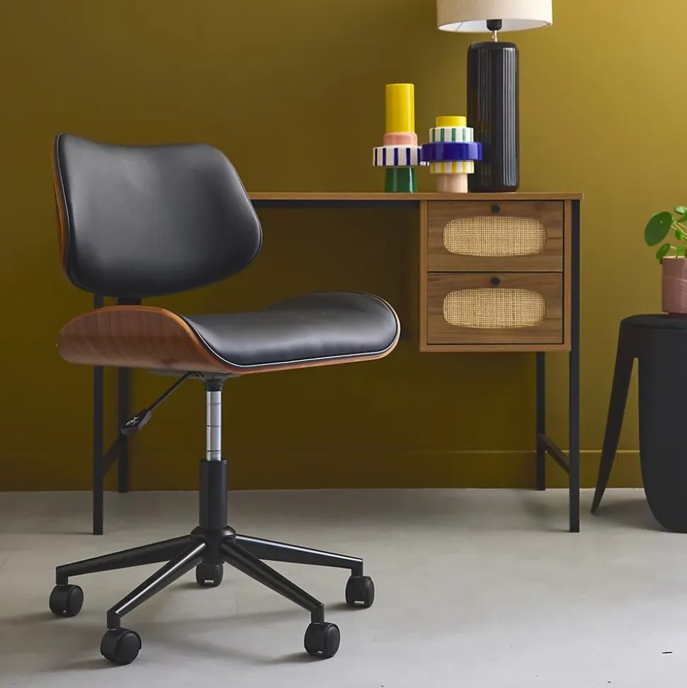 Chaise de bureau à roulettes décor bois courbé placage effet noyer et simili cuir noir
