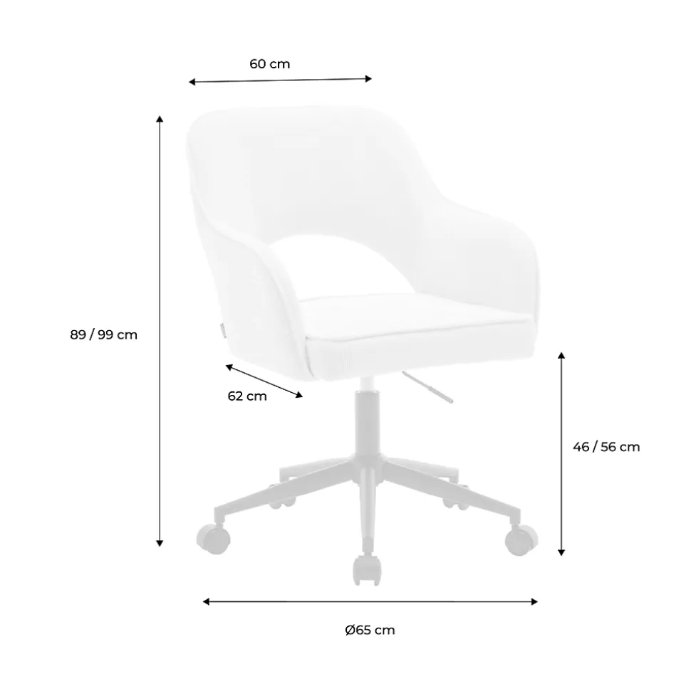 Chaise de bureau à roulettes velours côtelé blanc cassé. L 60 x P 62 x H 89 / 99cm