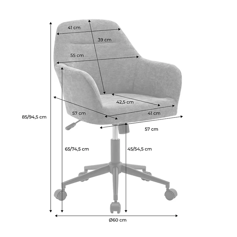 Chaise de bureau à roulettes ajustable métal et tissu gris - L 57 x P 57 x H 85/94.5cm - Stan