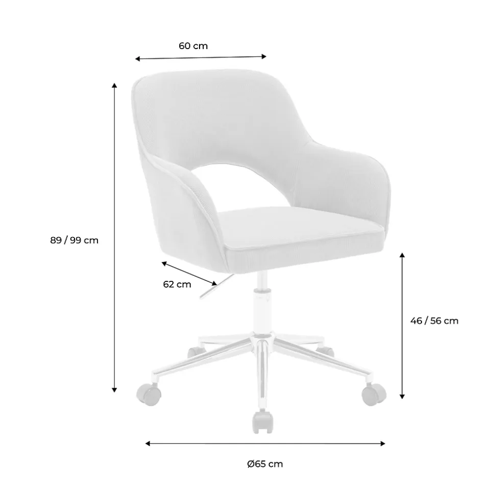 Chaise de bureau à roulettes velours côtelé taupe piétement chromé. L 60 x P 62 x H 89 / 99cm