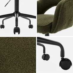 Chaise de bureau à roulettes bouclettes kaki foncé. Jim. L 60 x P 62 x H 89 / 99cm.