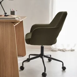 Chaise de bureau à roulettes bouclettes kaki foncé. Jim. L 60 x P 62 x H 89 / 99cm.