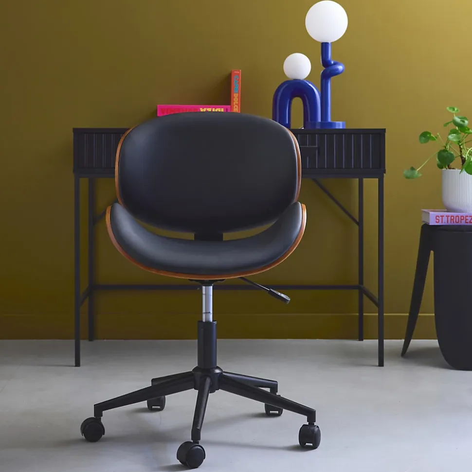 Chaise de bureau à roulettes bois courbé avec placage effet noyer et assise noire