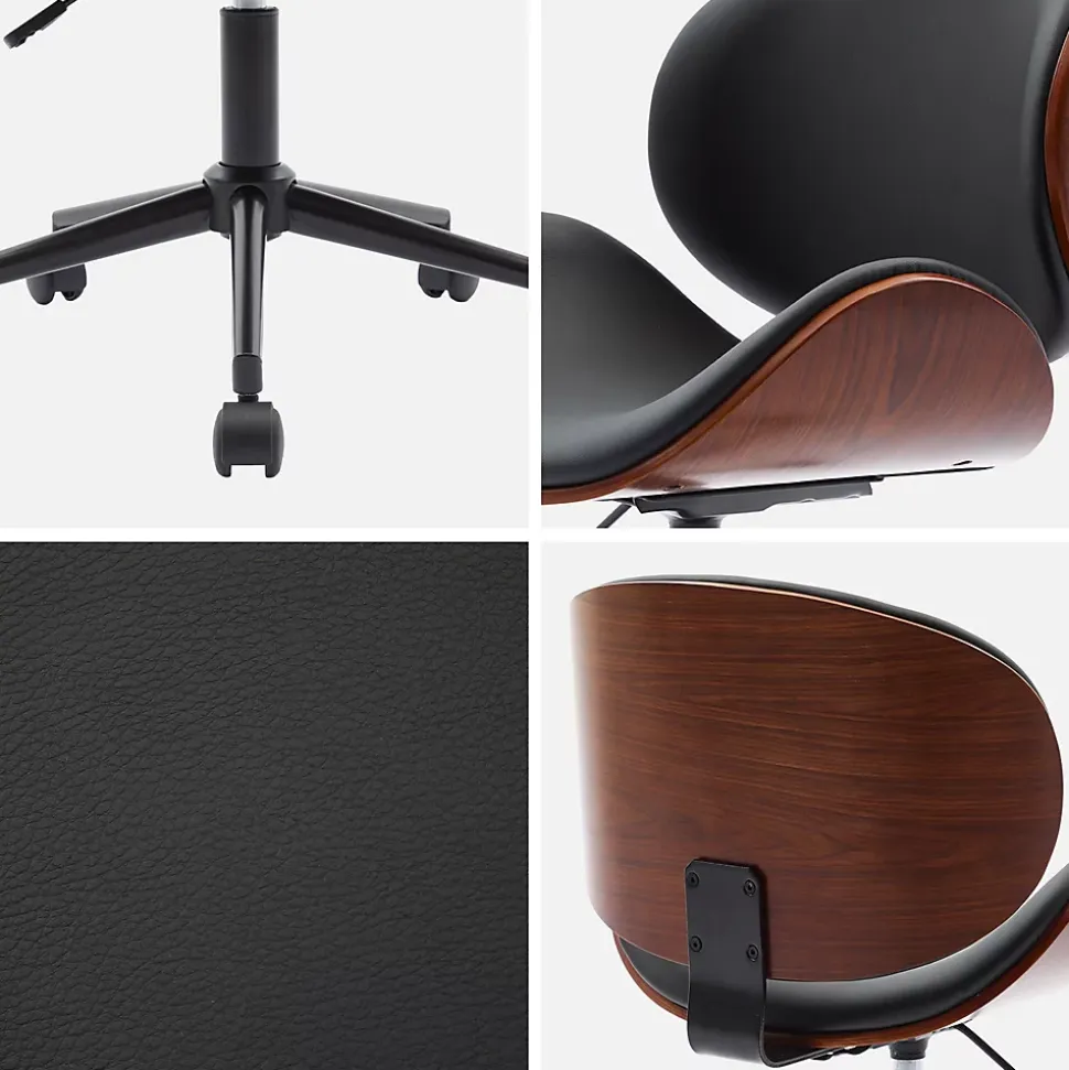 Chaise de bureau à roulettes bois courbé avec placage effet noyer et assise noire