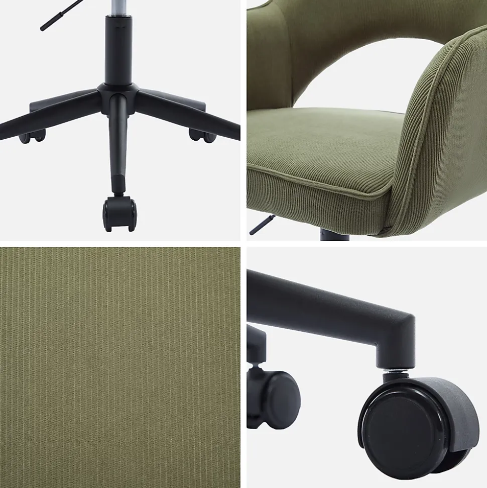 Chaise de bureau à roulettes velours côtelé kaki. L 60 x P 62 x H 89 / 99cm