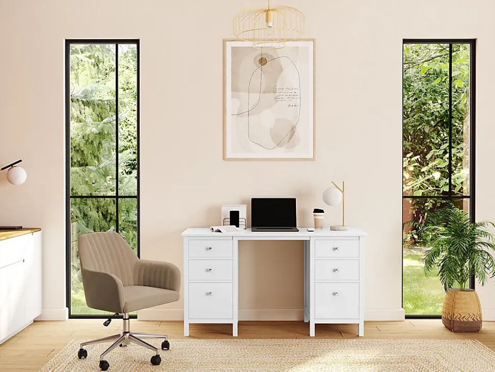 Chaise de bureau - Velours - Beige et argenté - Hauteur réglable - ELEANA