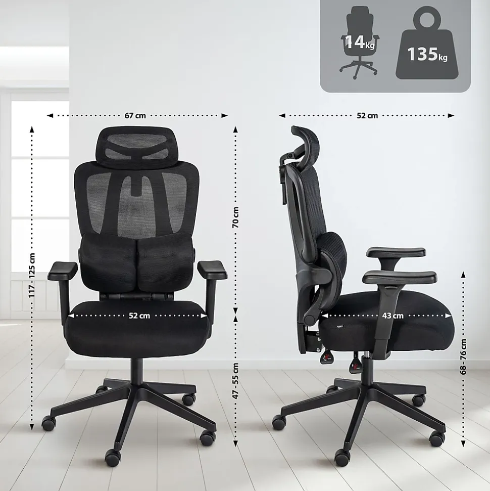 Chaise de bureau Altamont, ergonomique, charge max 135 kg, réglable en hauteur avec accoudoirs et appuie-tête. Noir