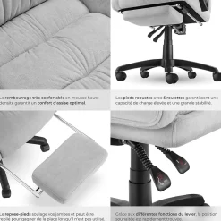 Chaise de bureau avec repose-pieds et revêtement en velours gris
