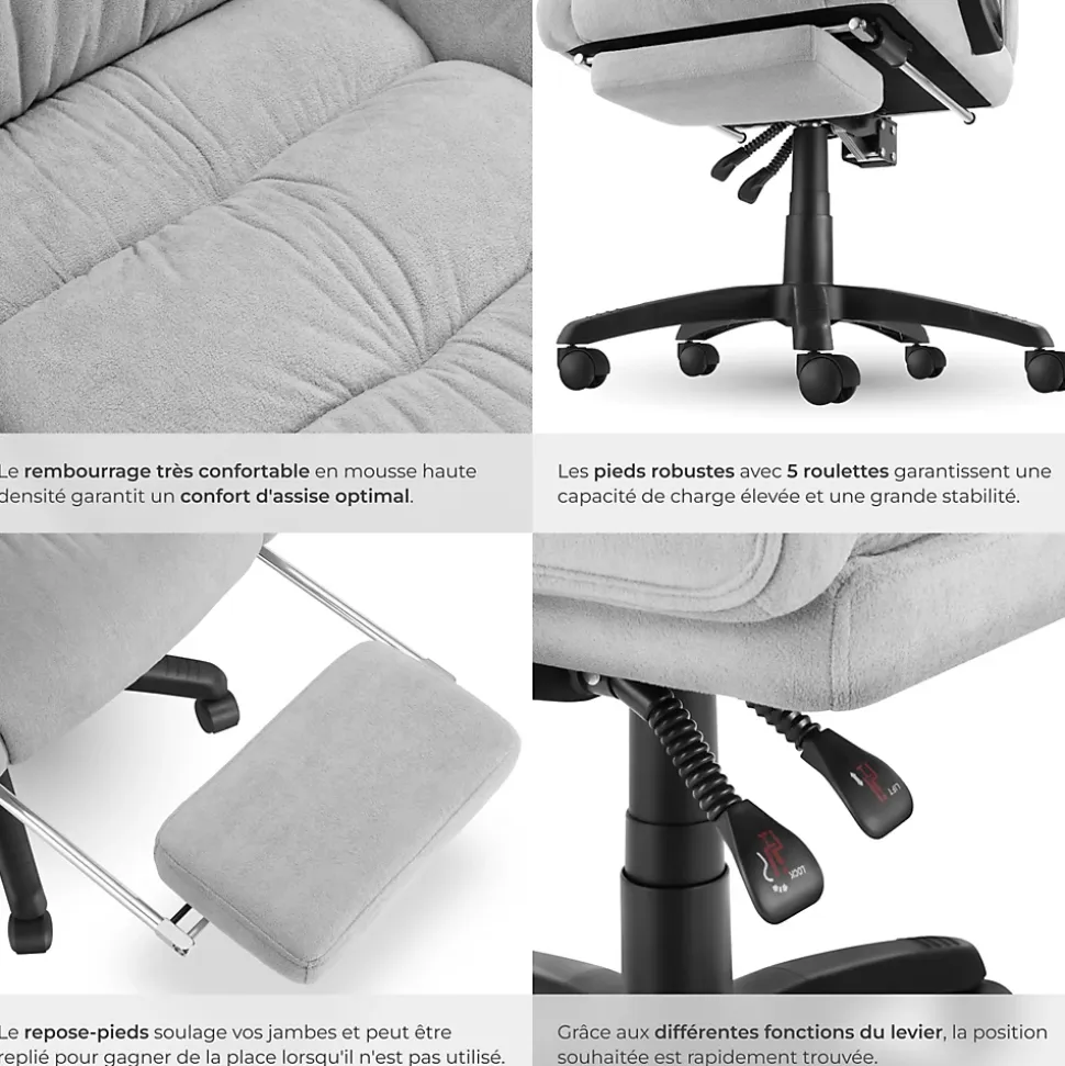 Chaise de bureau avec repose-pieds et revêtement en velours gris