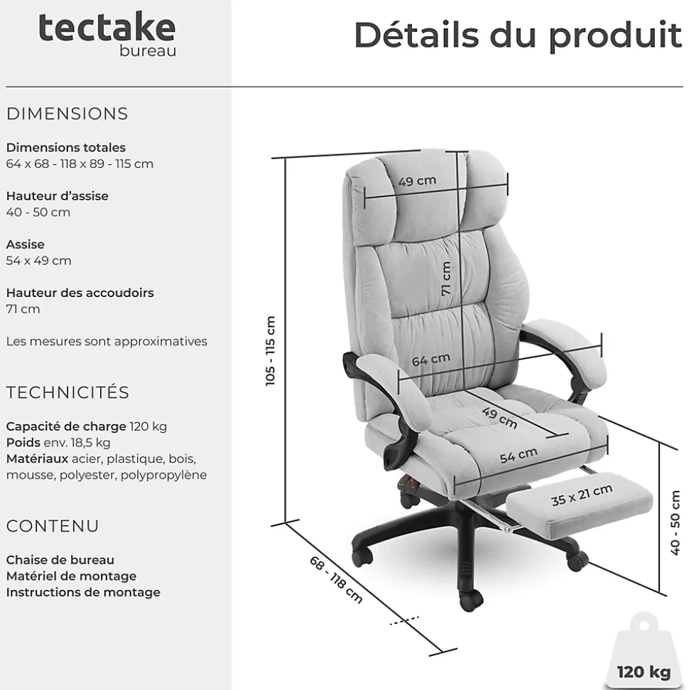Chaise de bureau avec repose-pieds et revêtement en velours gris