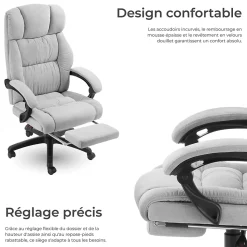 Chaise de bureau avec repose-pieds et revêtement en velours gris