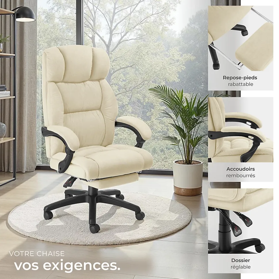Chaise de bureau avec repose-pieds et revêtement en velours beige