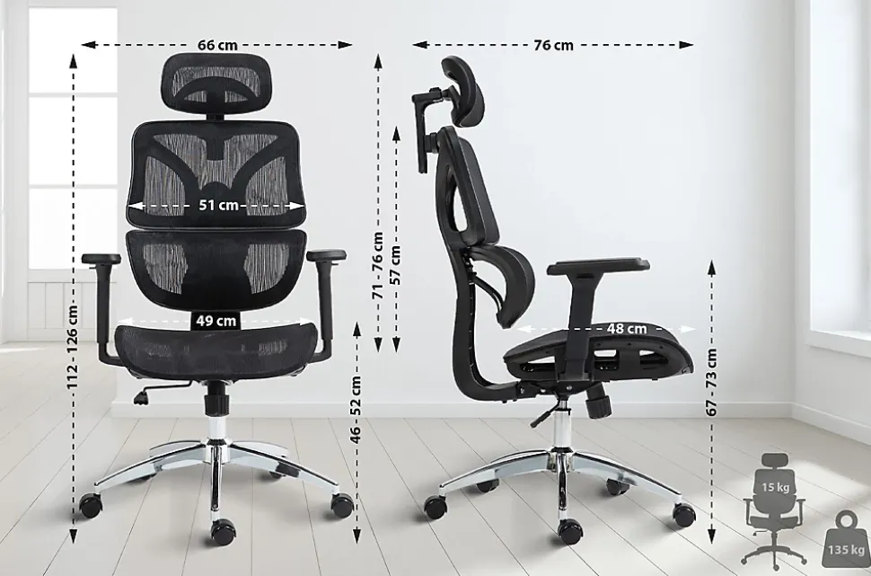Chaise de bureau Deshler, chaise pivotante avec filet, réglable en hauteur, accoudoirs, appuie-tête Noir