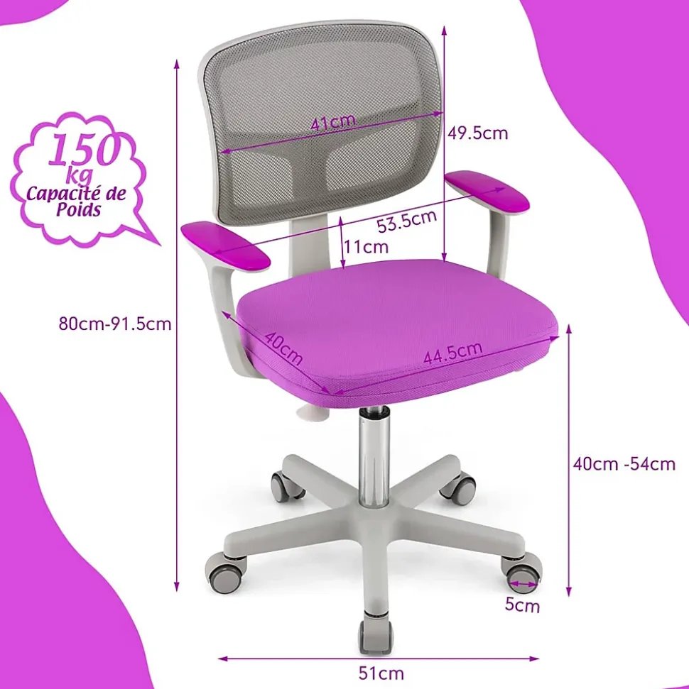 Chaise de Bureau Enfant Chaise étude avec Dossier Ergonomique et Siège Hauteur Réglable Violet