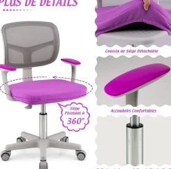 Chaise de Bureau Enfant Chaise étude avec Dossier Ergonomique et Siège Hauteur Réglable Violet
