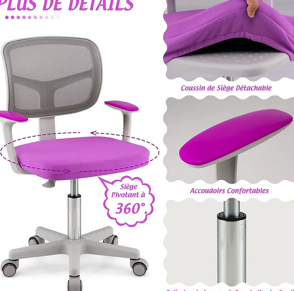Chaise de Bureau Enfant Chaise étude avec Dossier Ergonomique et Siège Hauteur Réglable Violet