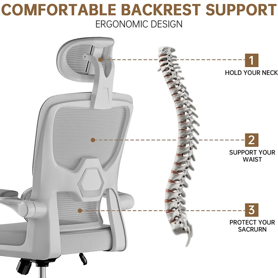 Chaise de Bureau Ergonomique avec Accoudoirs Pliables, Hauteur Réglable, Dossier Respirant