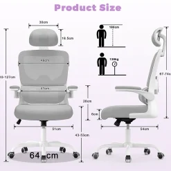 Chaise de Bureau Ergonomique avec Accoudoirs Pliables, Hauteur Réglable, Dossier Respirant