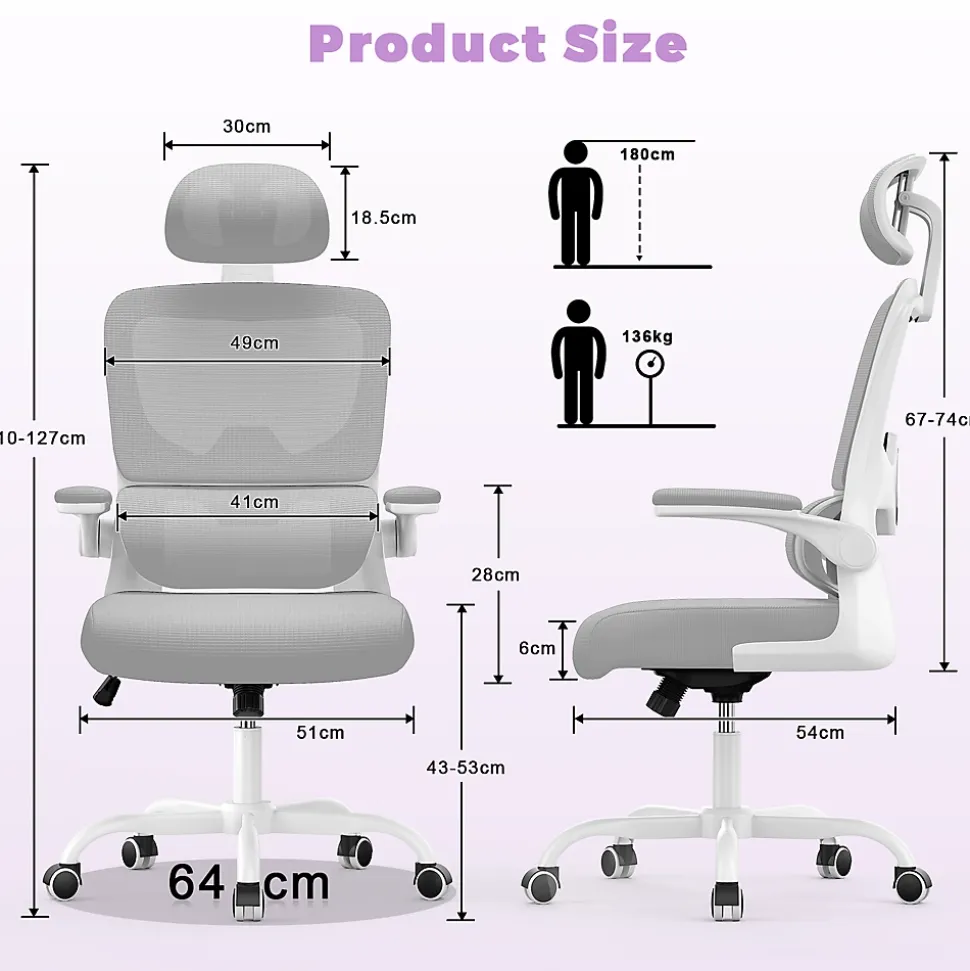 Chaise de Bureau Ergonomique avec Accoudoirs Pliables, Hauteur Réglable, Dossier Respirant