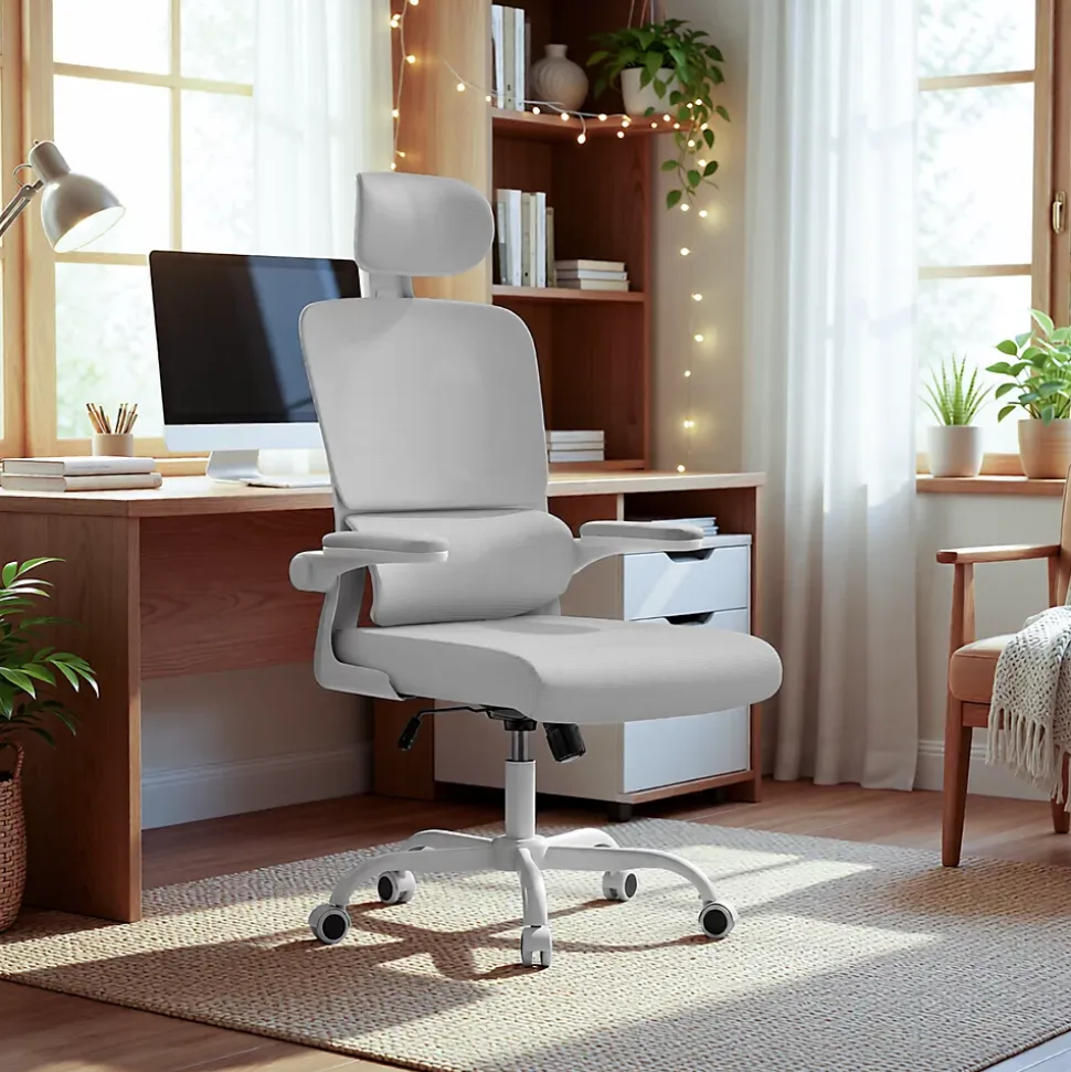 Chaise de Bureau Ergonomique avec Accoudoirs Pliables, Hauteur Réglable, Dossier Respirant