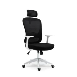 Chaise de bureau ergonomique noire et blanche avec appuie tête, dossier respirant et hauteur réglable
