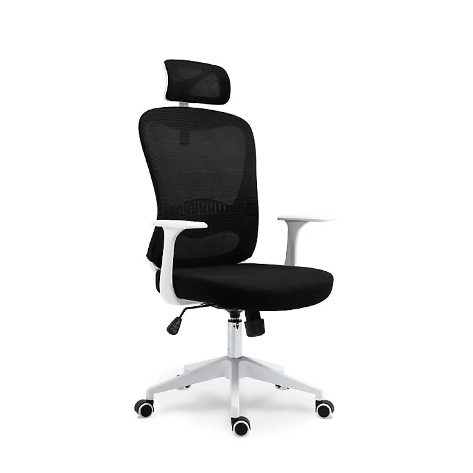 Chaise de bureau ergonomique noire et blanche avec appuie tête, dossier respirant et hauteur réglable