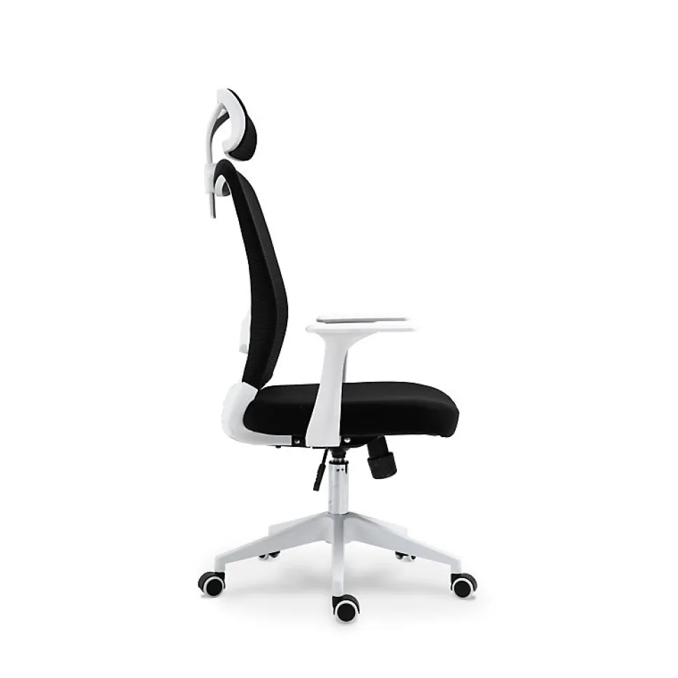 Chaise de bureau ergonomique noire et blanche avec appuie tête, dossier respirant et hauteur réglable