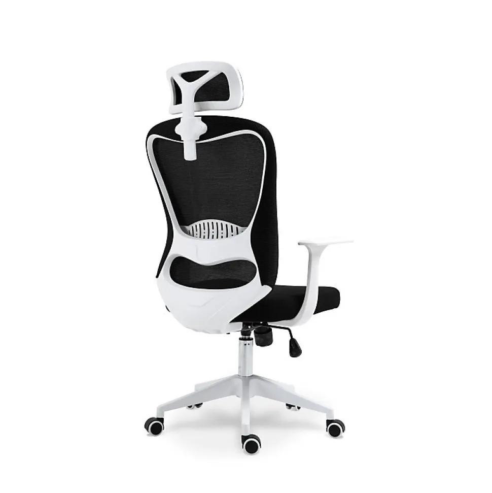 Chaise de bureau ergonomique noire et blanche avec appuie tête, dossier respirant et hauteur réglable