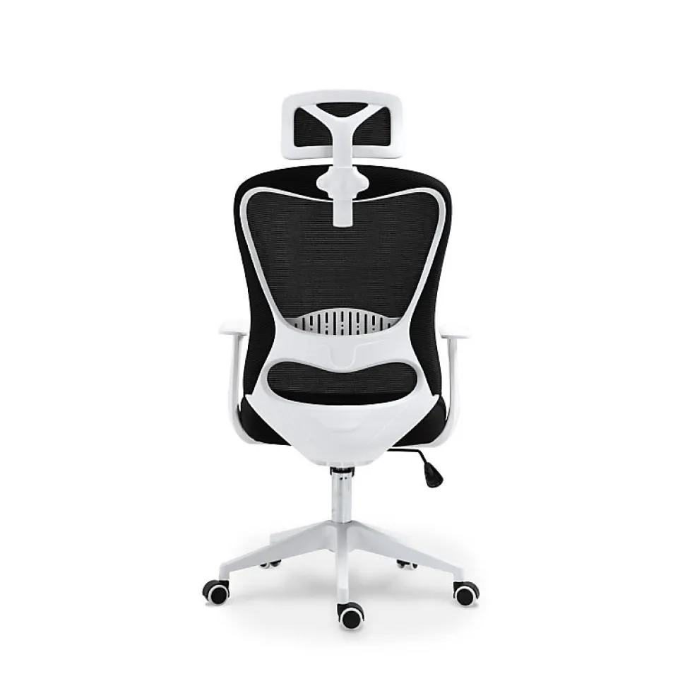 Chaise de bureau ergonomique noire et blanche avec appuie tête, dossier respirant et hauteur réglable