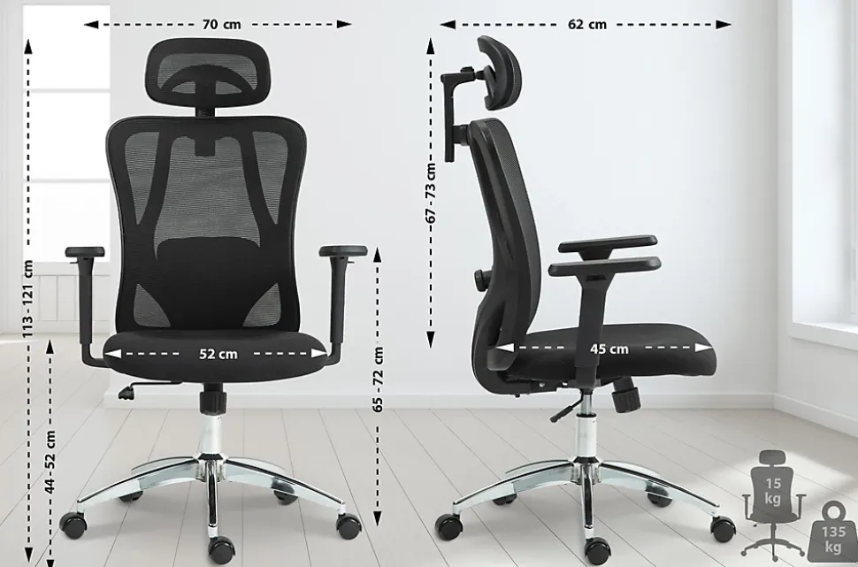 Chaise de bureau ergonomique Bryden, chaise pivotante réglable en hauteur, avec accoudoirs, appuie-tête, max 135 kg. Noir