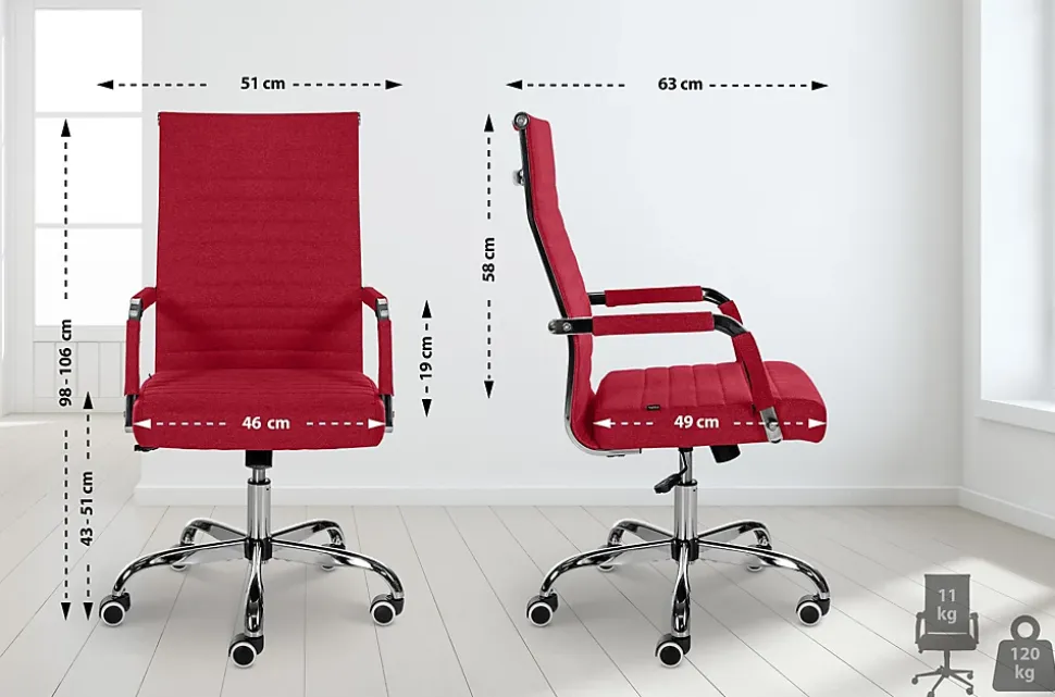 Chaise de bureau ergonomique Amadora, réglable en hauteur, pivotante 360 degrés, similicuir ou tissu. Rouge/Tissu