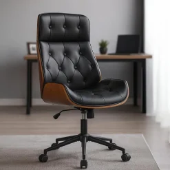 Chaise de bureau ergonomique Martil, aspect Chesterfield, pivotante, réglable en hauteur, bois courbé stratifié Noir