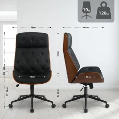Chaise de bureau ergonomique Martil, aspect Chesterfield, pivotante, réglable en hauteur, bois courbé stratifié Noir